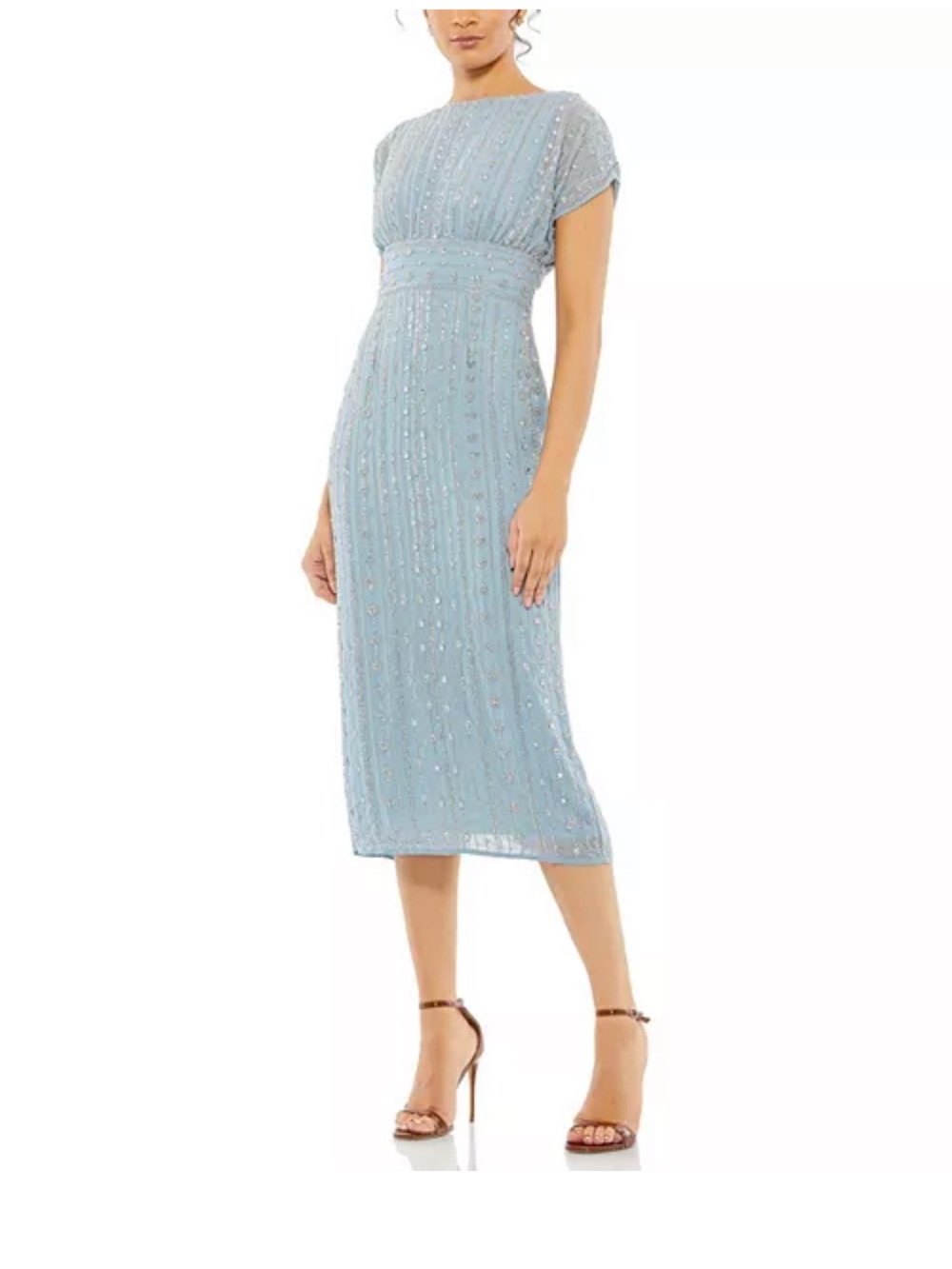 Mac Duggal Beaded Cap Sleeve Column Midi Dress